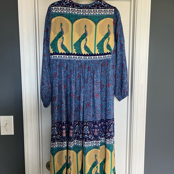 R. Vivimos Boho Festival Midi Blue/Yellow Peacock Print Dress Womens Sz L EUC - Picture 6 of 15